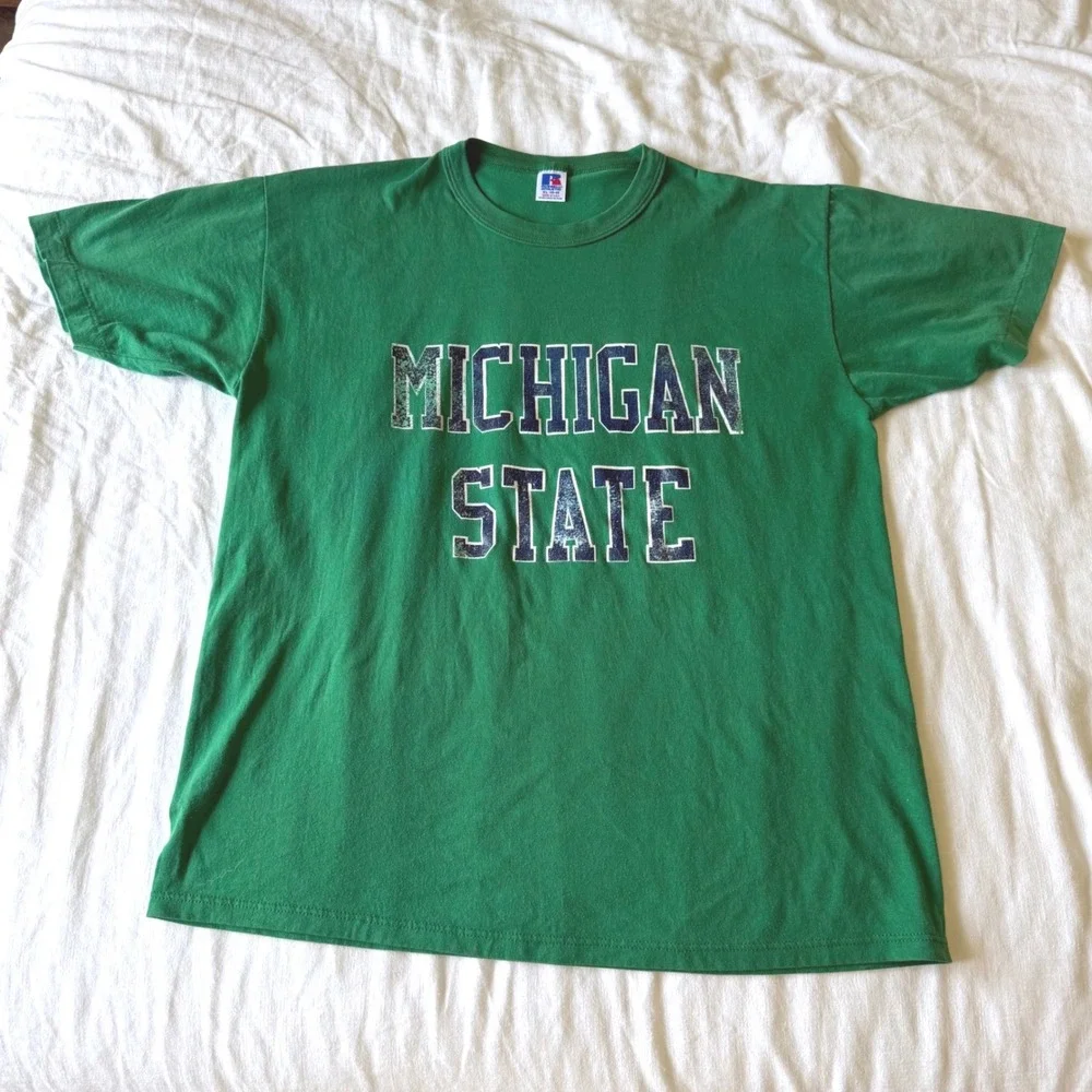Vintage 70's Russell Athletic‎ Michigan State T Shirt XL Green Single Stitch USA